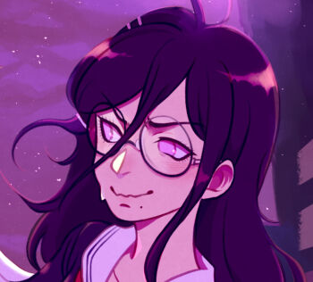 Rule 34 | 1girl, antenna hair, blush, closed mouth, commentary, danganronpa (series), danganronpa another episode: ultra despair girls, english commentary, eyelashes, fukawa toko, glasses, hair between eyes, hair ornament, hairclip, long hair, parucafe, portrait, purple eyes, purple hair, round eyewear, smile, solo, sweatdrop, wavy mouth