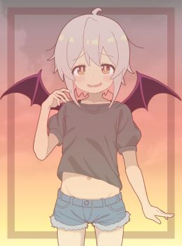 1boy aged_down ahoge bare_arms bat_wings blue_shorts brown_eyes collarbone colored_inner_hair commentary cowboy_shot cutoffs double-parted_bangs gradient_background grey_hair grey_shirt groin highres light_blush midriff multicolored_hair navel onii-chan_wa_oshimai! open_mouth oyama_mahiro_(male) pink_hair rtbspecter shirt short_shorts short_sleeves shorts shota simple_background smile smirk solo two-tone_hair wings
