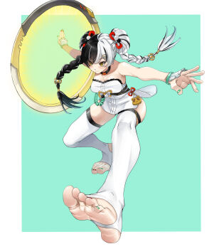 1girl ahoge aqua_nails bare_shoulders black_hair blush border braid braided_twintails chakram china_dress chinese_clothes closed_mouth commentary_request detached_collar dialyn_(zenless_zone_zero) double_bun dress eiji_(eiji) feet foot_focus full_body green_background hair_bun hair_extensions hair_ornament hairclip highres long_hair multicolored_hair multicolored_nails nail_polish outstretched_arms panda_hair_ornament red_nails ring_hair_extensions smile solo sparkling_eyes split-color_hair spread_arms stirrup_legwear strapless strapless_dress thighhighs toeless_legwear toenail_polish toenails weapon white_border white_dress white_hair white_thighhighs wire yellow_eyes zenless_zone_zero