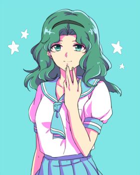 Rule 34 | 1girl, bishoujo senshi sailor moon, blue background, blue eyes, blue serafuku, blue skirt, closed mouth, green eyes, green hair, hand up, hiki-wota, kaiou michiru, school uniform, serafuku, simple background, skirt, smile, solo, star (symbol)