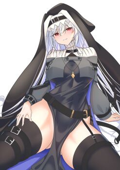 1girl absurdres arknights ass_peek belt black_dress black_thighhighs blush breasts covering_crotch covering_privates dress furaide garter_straps grey_jacket hand_on_own_hip highres jacket jewelry large_breasts long_hair long_sleeves looking_at_viewer multicolored_hair no_panties nun nun_headdress open_mouth pendant purple_hair red_eyes side_slit solo specter_(arknights) spread_legs sweater thigh_strap thighhighs two-tone_hair very_long_hair white_background white_hair