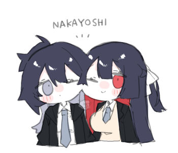 2girls :i black_hair black_hoodie black_jacket blush blush_stickers breasts cardigan center-flap_bangs cheek_press chibi chibi_only collared_shirt colored_inner_hair commentary_request expressionless flat_color grey_eyes grey_hair grey_necktie happy head_tilt himeka_(oimotororo1116) hood hoodie huge_breasts jacket long_hair looking_at_viewer multicolored_hair multiple_girls necktie oimotororo1116 open_clothes open_hoodie open_jacket original ponytail red_eyes red_hair red_necktie school_uniform shirt siblings sisters sketch small_breasts smile thick_eyelashes upper_body white_shirt yellow_cardigan yuuka_(oimotororo1116)