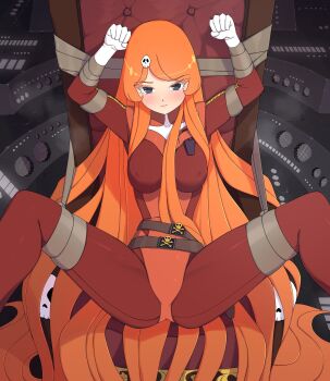 1girl bdsm belt belt_buckle blush bodysuit bondage bound bound_arms bound_wrists brown_belt buckle chair closed_mouth colored_eyelashes commentary_request covered_erect_nipples emeraldas eyelashes female_focus gloves hair_ornament harlock_saga highres indoors jolly_roger korean_commentary leather_chair leotard light_blush long_hair m_legs multiple_belts on_chair orange_hair pirate_costume pirate_costume queen_emeraldas red_bodysuit red_leotard restrained sheath ship_deck skull skull_belt skull_hair_ornament skull_print spacecraft spread_legs tape tape_bondage thighs tied_to_chair troy7737 uchuu_kaizoku_captain_harlock very_long_hair white_gloves