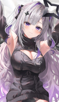 1girl :3 absurdres amane_konata armpits arms_up bare_shoulders black_panties black_sweater breasts cable_knit cleavage cleavage_cutout closed_mouth clothing_cutout commentary_request detached_sleeves dress gradient_hair hair_ornament hazuki_yuzuru highres hololive jewelry large_breasts lingerie long_hair long_sleeves looking_at_viewer lying multicolored_hair necklace on_back panties purple_eyes ribbed_sweater sleeveless sleeveless_turtleneck smile solo streaked_hair sweater sweater_dress turtleneck two_side_up underwear very_long_hair virtual_youtuber white_hair