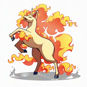 full_body gen_1_pokemon hooves horns mistray-art nintendo no_humans numbered pokemon pokemon_(creature) rapidash signature simple_background single_horn solo tail unicorn white_background white_fur