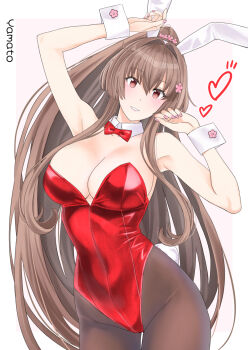 Rule 34 | 1girl, animal ear hairband, animal ears, black pantyhose, bow, bowtie, breasts, brown hair, cleavage, commentary request, detached collar, fake animal ears, hair intakes, hairband, heart, kantai collection, large breasts, leotard, pantyhose, playboy bunny, ponytail, rabbit ears, red bow, red bowtie, red eyes, red leotard, solo, strapless, strapless leotard, takase asagiri, wrist cuffs, yamato (kancolle)