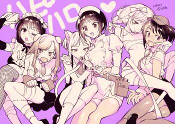 Rule 34 | 6+girls, animal ears, cat ears, cat girl, cosplay, dog ears, dog girl, halloween costume, maid, multiple girls, mummy costume, nurse, original, purple background, short hair, tenmsd, yuri