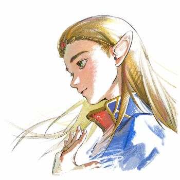 1girl aizheajsee blonde_hair bridal_gauntlets closed_mouth eyelashes floating_hair from_side green_eyes hair_slicked_back hand_up highres jewelry light_smile long_hair looking_ahead looking_at_viewer nintendo pointy_ears portrait princess_zelda profile ring simple_background smile solo the_legend_of_zelda the_legend_of_zelda:_breath_of_the_wild tiara white_background