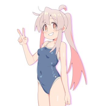 1girl ahoge arm_at_side bare_arms bare_legs bare_shoulders blue_one-piece_swimsuit breasts brown_eyes competition_school_swimsuit covered_navel drop_shadow grey_hair grin highres karubi_(karubi465558) loli long_hair looking_at_viewer multicolored_hair one-piece_swimsuit onii-chan_wa_oshimai! oyama_mahiro pink_hair school_swimsuit simple_background small_breasts smile solo swimsuit twintails two-tone_hair v very_long_hair white_background