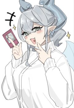 1girl breasts card commentary_request demon_girl demon_horns demon_wings drill_hair duel_monster earrings fang grey_eyes grey_hair heart heart_in_mouth highres holding holding_card horns itoama_030 jacket jewelry large_breasts lovely_labrynth_of_the_silver_castle open_mouth pointy_ears slit_pupils smug solo sparkle track_jacket trading_card twin_drills upper_body white_jacket white_wings wings yu-gi-oh!