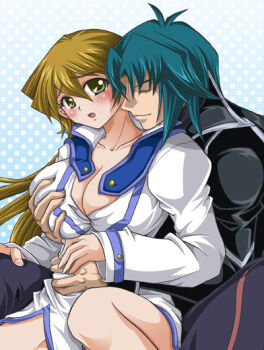 1boy 1girl aqua_hair blue_background blush breasts closed_eyes grabbing_another&#039;s_breast gradient_background groping hetero huge_breasts long_hair marufuji_ryo matsubara_kanabun obelisk_blue_uniform open_mouth pairing tenjouin_asuka yu-gi-oh! yu-gi-oh!_gx