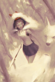 1girl alex_chow armband armpits black_hair black_shirt black_skirt closed_eyes commentary earrings english_commentary facepaint female_focus forest fur_shirt holding holding_polearm holding_spear holding_weapon hunting jewelry mononoke_hime nature necklace parted_lips polearm san_(mononoke_hime) shirt short_hair skirt sleeveless sleeveless_shirt solo spear standing tooth_necklace tree undershirt weapon white_shirt wolf