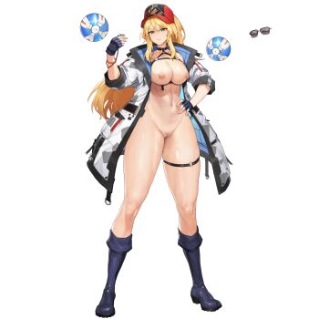1girl ball baseball_cap beachball black_choker black_hat blonde_hair blue_boots blue_gloves boots breasts camouflage camouflage_jacket choker cleavage closed_mouth collarbone drone fingerless_gloves floating floating_object full_body game_asset gloves hair_between_eyes hand_on_own_hip hat high_heel_boots high_heels highres holding holding_whistle indomitable_marie jacket large_breasts last_origin leaf_print legs_apart linea_alba long_hair looking_at_viewer military_jacket multicolored_hat navel nipples non-web_source nude o-ring o-ring_thigh_strap official_alternate_costume official_art open_clothes open_jacket pussy red_hat rubber_boots self-datamine serious sidelocks simple_background skindentation solo standing tachi-e thick_thighs thigh_strap thighs transparent_background tunamayo_(dsasd751) whistle white_jacket yellow_eyes