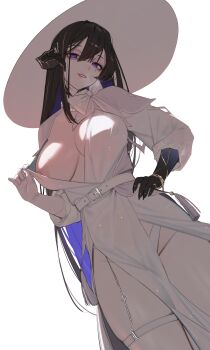 1girl absurdres black_claws black_hair breasts commentary constance_(honkai:_star_rail) demon_girl demon_horns dress hat highres honkai:_star_rail honkai_(series) horns large_breasts long_hair looking_at_viewer mole mole_under_eye nipples ohkurrva pelvic_curtain purple_eyes simple_background solo very_long_hair white_background white_dress white_hat