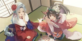 2girls alternate_costume alternate_hairstyle artist_request brown_hair character_doll cushion dice doll fishnet_gloves fishnets floral_print flower frilled_sleeves frills furisode game_cg gloves gradient_clothes gradient_kimono grey_hair hagoita hair_flower hair_ornament highres houraisan_kaguya inaba_mob_(touhou) japanese_clothes kanzashi kimono kokeshi long_sleeves marble_(toy) multiple_girls official_art open_mouth paddle pink_kimono playing_games ponytail print_kimono purple_kimono rabbit red_eyes red_kimono sitting smile tatami third-party_source touhou touhou_lostword translation_request tsumami_kanzashi wide_sleeves yagokoro_eirin yellow_eyes zabuton