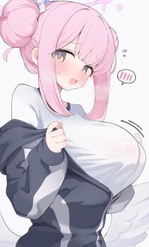 1girl black_jacket blue_archive blush breasts commentary double_bun feathered_wings flying_sweatdrops hair_bun halo highres hone_kawa huge_breasts jacket looking_at_viewer low_wings mika_(blue_archive) mika_(track)_(blue_archive) official_alternate_costume open_clothes open_jacket partially_unzipped pink_hair pink_halo shirt short_hair simple_background solo speech_bubble spoken_blush track_jacket white_background white_shirt white_wings wings yellow_eyes