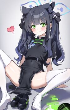 1girl absurdres animal_ear_fluff animal_ears black_dress black_hair black_shoes blue_archive blue_halo blush china_dress chinese_clothes closed_mouth dress extra_ears green_eyes halo heart highres liquid loli looking_at_viewer pelvic_curtain sak_(lemondisk) shoes short_sleeves shun_(blue_archive) shun_(small)_(blue_archive) skindentation smile solo spread_legs thighhighs thighs tiger_ears tiger_girl twintails unworn_shoes white_thighhighs