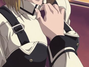 00s 2002 2girls animated animated_gif bible_black bible_black_gaiden blonde_hair bouncing_breasts breasts classroom clothes_pull kitami_reika kozono_nami large_breasts multiple_girls necktie open_clothes opening_another's_clothes removing_bowtie removing_necktie school school_uniform shirt short_hair sunset suspenders tagme white_shirt window yuri