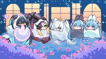 5girls :&gt; :&lt; :d black_hair blonde_hair blue_eyes blue_hair blush_stickers bow chain character_request cheli_(kso1564) chibi closed_eyes closed_mouth commentary english_commentary ghost_costume goddess_of_victory:_nikke grey_bow grey_hair hair_bow hair_intakes hair_over_one_eye long_hair multicolored_hair multiple_girls open_mouth pumpkin_on_head purple_eyes smile sparkle twintails two-tone_hair very_long_hair window