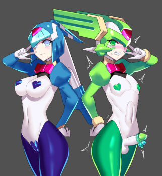 1boy 1girl blue_eyes blush brother_and_sister capcom erection fairy_leviathan_(mega_man) green_eyes helmet mega_man_(series) mega_man_zero_(series) pasties penis reverse_bunnysuit reverse_outfit sage_harpuia_(mega_man) sex_toy siblings tagme trap ukimukai vibrator vibrator_on_penis