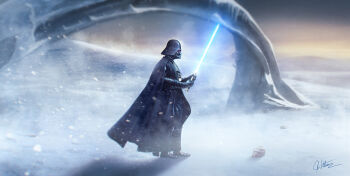 1boy absurdres armor black_armor black_boots black_cape black_gloves black_helmet blue_lightsaber boots cape darth_vader energy_sword from_side gloves helmet highres holding holding_sword holding_weapon joshua_williams lightsaber outdoors signature snow solo star_wars sword weapon
