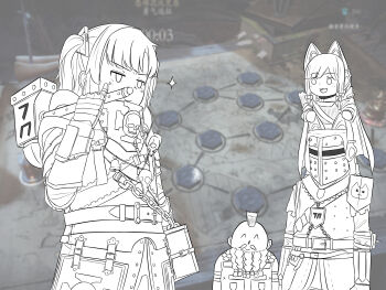 1boy 1other 2girls ^_^ absurdres animal_ear_headphones animal_ears animal_print bardin_goreksson bardin_goreksson_(cosplay) bell belt blue_archive braid braided_beard cat_ear_headphones cat_ears cat_print chain chinese_text cloak closed_eyes commentary cosplay doodle_sensei_(blue_archive) dwarf english_commentary facial_hair fake_animal_ears game_screenshot_background gauntlets glint gorget hair_ornament hammer headphones helm helmet highres holding holding_hammer kerillian kerillian_(cosplay) markus_kruber markus_kruber_(cosplay) midori_(blue_archive) mixed-language_commentary mohawk momoi_(blue_archive) multiple_girls mustache o_o pinky_out playing_games quiver screenshot_background sensei_(blue_archive) skull smug spartagordon vermintide vermintide_2 victor_saltzpyre victor_saltzpyre_(cosplay) war_hammer warhammer_fantasy weapon yuuka_(blue_archive)