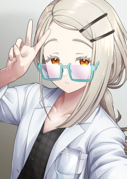 Rule 34 | 1girl, black shirt, breast pocket, coat, collarbone, colored eyelashes, commentary, eyewear in pocket, fingernails, gakuen idolmaster, glasses, green-framed eyewear, grey hair, hair ornament, hairclip, hand up, highres, idolmaster, lab coat, long hair, open clothes, open coat, open mouth, orange eyes, parallel hairclips, pocket, ponytail, reaching, reaching towards viewer, safety glasses, selfie, shinosawa hiro, shirt, solo, swept bangs, taba neruko, unworn eyewear, upper body, v, white coat