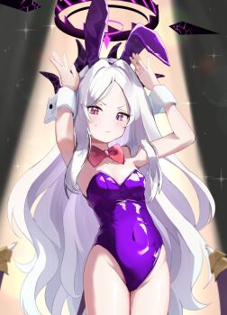 1girl animal_ear_hairband animal_ears black_halo black_horns blue_archive bow bowtie demon_girl demon_horns demon_wings detached_collar fake_animal_ears hairband halo highres hina_(blue_archive) horns leotard loli long_hair looking_at_viewer low_wings multiple_horns playboy_bunny purple_eyes purple_leotard purple_wings rabbit_ears rabbit_pose red_bow red_bowtie solo strapless strapless_leotard teritama_(teritama_house) white_hair wings wrist_cuffs