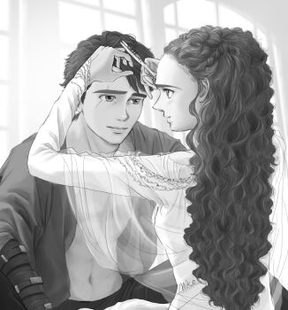 Rule 34 | 1boy, 1girl, anakin skywalker, animification, blush, closed mouth, commentary, commentary request, cutting another's hair, cutting hair, greyscale, highres, holding, holding scissors, long hair, looking at another, miko (27044850), monochrome, navel, open clothes, open shirt, padme amidala, scar, scar across eye, scar on face, scissors, short hair, signature, simple background, smile, star wars, star wars: attack of the clones