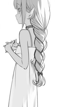 1girl braid choker closed_mouth dress flat_chest from_side greyscale highres iniooooo long_hair looking_ahead makaino_ririmu makaino_ririmu_(3rd_costume) monochrome nijisanji official_alternate_costume pointy_ears simple_background single_braid sketch solo standing sundress virtual_youtuber white_background
