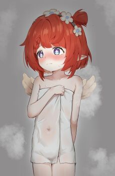 0rg 1girl blue_eyes blush braid braided_bangs closed_mouth commentary_request covered_navel cowboy_shot cross-shaped_pupils embarrassed flat_chest flower_hairband grey_background highres honkai:_star_rail honkai_(series) legs_together loli mini_wings naked_towel one_side_up pointy_ears red_hair see-through_towel simple_background solo steam symbol-shaped_pupils towel tribbie_(honkai:_star_rail) wet wings