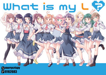 Rule 34 | 6+girls, ;), ;d, ahoge, azabu mai, black pantyhose, black shoes, black socks, black thighhighs, blonde hair, blue dress, blue eyes, blue hair, blue hakama, blue nails, blue necktie, blue skirt, blunt bangs, blunt ends, blush, bob cut, bow, brown eyes, brown hair, brown shoes, chofu noriko, closed mouth, collared shirt, commentary request, cropped shirt, double v, dress, everyone, finger to cheek, four-finger heart hands, full body, goto akira, green eyes, green hair, green necktie, grey pantyhose, hair bow, hair flaps, hair ornament, hair scrunchie, hairclip, hakama, hakama skirt, half-heart hands, hand on own cheek, hand on own face, hands on own chest, harumiya yukuri, heart, heart hands, hood, hooded jacket, ikizulive! 1st live ~what is my l?~, ikizulive! love live! bluebird, jacket, japanese clothes, kanazawa miracle, kimono, komagata hanabi, konohana aurora, leg up, loafers, long dress, long hair, long sleeves, looking at viewer, love high school uniform, love live!, mary janes, midriff, miniskirt, multicolored necktie, multiple girls, nagatsuki chihoru, navel, neckerchief, necktie, one eye closed, one side up, open clothes, open hand, open jacket, open mouth, orange hair, own hands together, pantyhose, parted lips, pinafore dress, pink bow, pink hair, pink neckerchief, pink necktie, pink scrunchie, pink shoes, pixiv id, pixiv logo, plaid clothes, plaid necktie, ponytail, puffy short sleeves, puffy sleeves, purple eyes, purple hair, sasaki shion, school uniform, scrunchie, shirt, shoes, short hair, short sleeves, sidelocks, simple background, skirt, sleeveless, sleeveless dress, smile, sneakers, socks, standing, standing on one leg, star (symbol), star hair ornament, takahashi polka, thighhighs, twitter username, twitter x logo, two side up, v, wavy hair, white background, white jacket, white kimono, white shirt, white shoes, white socks, yamada midori, yellow eyes, yellow shoes, zettai ryouiki