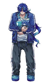 1boy :| absurdres aqua_hair beard_stubble black_pants blue_hair blue_jacket blue_shoes book clipboard closed_mouth collarbone covered_eyes crocs curtained_hair drawstring facial_hair facing_viewer fuji_den_fujiko full_body green_eyes hair_over_eyes highres holding holding_book holding_clipboard holding_stuffed_toy hugging_object jacket kubari_donzaburo long_hair long_sleeves low_ponytail male_focus mekakare multicolored_hair nervous official_art open_clothes open_jacket pants parted_bangs polo_shirt ponytail shaded_face shirt shoes simple_background slouching solo standing streaked_hair strongman_waist stubble stuffed_animal stuffed_toy sweatdrop tachi-e teddy_bear track_jacket track_pants two-tone_hair very_long_hair white_background white_shirt zipper zipper_pull_tab