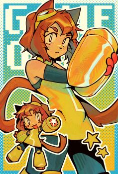 1girl animal_ears brown_hair cat_ears cat_girl cat_tail chibi commentary english_commentary furry furry_female gameoverse goggles goggles_on_head goomyloid highres kit_bodega red_eyes shirt sleeveless sleeveless_shirt solo tail whiskers yellow_shirt