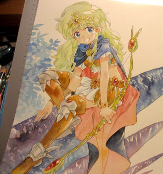 1girl agahari armor bikini_armor black_cape blue_eyes boots bow_(weapon) bracelet brown_boots cape commentary_request crop_top dragon_slayer_ii_xanadu full_body gem gold_bracelet gold_tiara green_eyes hair_tubes holding holding_bow_(weapon) holding_weapon jewelry knee_up leaf long_hair looking_at_viewer midriff miniskirt open_mouth painting_(medium) photo_(medium) red_cape red_gemstone riel_(dragon_slayer) ruler shirt sidelocks sitting skirt smile solo thigh_boots tiara traditional_media two-sided_cape two-sided_fabric weapon white_shirt white_skirt