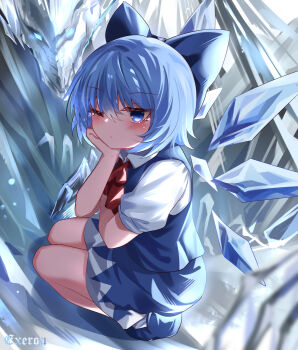 Rule 34 | 1girl, absurdres, blue hair, blue ribbon, blue shoes, blush, cirno, closed mouth, full body, head rest, highres, ice, ice wings, looking at viewer, neck ribbon, one eye closed, puffy short sleeves, puffy sleeves, red ribbon, ribbon, shirt, shoes, short sleeves, solo, top-exerou, touhou, white shirt, wings