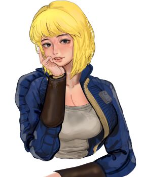 1girl blonde_hair blue_eyes bob_cut bodysuit breasts cleavage fallout fallout_4 hand_on_own_face highres jacket jumpsuit kkghost_tv large_breasts looking_at_viewer open_clothes open_jacket smile tank_top vambraces vault_girl vault_suit white_background