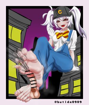 1girl absurdres barefoot blush butida0909 crossed_legs feet female_ejaculation footjob gloves hat highres long_hair male_squirt open_mouth overalls red_eyes soles steam toes twintails white_gloves white_hair