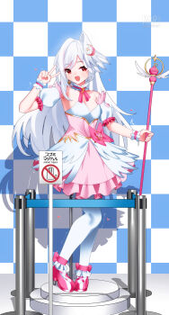 1boy absurdres blue_archive blush bound bustier checkered_background choker commission corset cosplay crescent crescent_hair_ornament grey_wings hair_ornament halo head_wings heart highres holding holding_staff kigurumi lock mage_staff magical_girl maguro27 mascot_costume pantyhose pink_corset pink_halo pixiv_commission restrained sensei_(blue_archive) sex_toy sign single_hair_intake single_head_wing single_wing smile staff stealth_bondage suzumi_(blue_archive) suzumi_(blue_archive)_(cosplay) suzumi_(magical)_(blue_archive) translation_request twitching v vibrator warning_sign watermark white_pantyhose wing_ornament wings