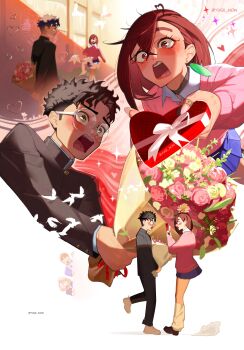 Rule 34 | 1boy, 1girl, absurdres, ahoge, arms behind back, ayase momo, bandaid, bandaid on finger, bandaid on hand, bird, black choker, black hair, black jacket, black pants, blue skirt, blush, bouquet, box, brown eyes, brown hair, brown shoes, choker, collarbone, commentary request, couple, crossed bangs, dandadan, earrings, flower, full body, gakuran, gift, gift box, glasses, gold buttons, hair between eyes, heart, heart-shaped box, heart ahoge, hetero, highres, holding, holding bouquet, holding box, holding gift, jacket, jewelry, loafers, looking at another, loose socks, medium hair, multiple views, open mouth, pants, parted bangs, pink sweater, pleated skirt, red eyes, round eyewear, school uniform, shirt, shirt under sweater, shoes, short hair, skirt, socks, sweater, takakura ken (dandadan), twitter username, upper body, valentine, white shirt, white socks, yuqi non