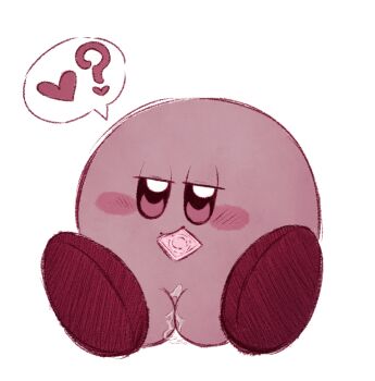 1girl ? blush come_hither condom condom_in_mouth condom_wrapper dark_persona feet female_focus foot_focus half-closed_eyes hands_together heart jitome kirby_(series) kirby_&amp;_the_amazing_mirror monochrome mouth_hold naughty_face nintendo pervoborb pussy_juice pussy_juice_puddle shadow_kirby simple_background sitting solo spoken_heart white_background