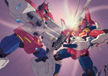 2boys absurdres autobot blue_eyes character_request clash dual_persona fighting_stance glowing glowing_eyes highres holding holding_sword holding_weapon insignia lextodrawstuff mecha multiple_boys no_humans robot science_fiction star_saber_(idw) star_saber_(transformers) sword the_transformers_(idw) transformers transformers_victory weapon wings