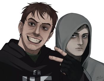 2boys afraid_of_monsters bags_under_eyes beard_stubble black_eyes black_gloves black_hair brown_eyes brown_hair crossover cry_of_fear david_leatherhoff divan_molchun expressionless facial_hair fingerless_gloves gloves grey_hoodie grin highres hood hood_down hood_up hoodie looking_at_another looking_at_viewer male_focus multiple_boys print_hoodie scar scar_on_face short_hair simon_henriksson smile stubble turtleneck upper_body v