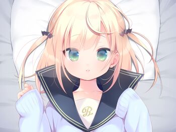 1girl bat_hair_ornament black_sailor_collar blonde_hair blue_sweater collarbone game_cg green_eyes hair_ornament hands_up large_variant_set long_sleeves looking_at_viewer lying mainichi_kiss_shite_lolita mihato_(mainichi_kiss_shite_lolita) non-web_source on_back on_bed parted_lips pillow piyodera_mucha portrait sailor_collar school_uniform serafuku short_hair sleeves_past_wrists solo sweater two_side_up variant_set