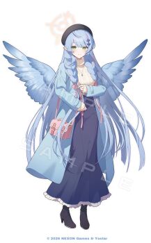 1girl absurdly_long_hair bag beret black_boots black_hat blue_archive blue_coat blue_hair blue_wings boots braid casual closed_mouth coat commentary_request feathered_wings full_body green_eyes hakasesuicchi halo hat high_heels highres jewelry long_hair long_skirt long_sleeves looking_at_viewer low_twin_braids mine_(blue_archive) necklace official_art open_clothes open_coat pink_bag pointy_ears shoulder_bag simple_background skirt smile solo standing sweater turtleneck turtleneck_sweater twin_braids very_long_hair white_background wings