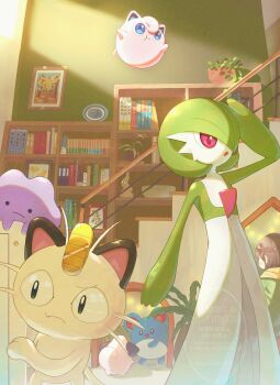 1girl absurdres azumarill black_eyes blue_eyes bob_cut cleffa colored_skin ditto dress gardevoir gen_1_pokemon gen_2_pokemon gen_3_pokemon green_hair green_skin hair_over_one_eye highres indoors jigglypuff meowth multicolored_skin nintendo pink_eyes piyokonoenikki_04 pokemon pokemon_(creature) purple_skin stairs two-tone_skin watermark white_dress white_skin