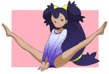 1girl alternate_costume athletic_leotard barefoot big_hair black_hair breasts brown_eyes dark-skinned_female dark_skin full_body gradient_clothes gradient_leotard highres iris_(pokemon) legs_up leotard long_hair long_sleeves looking_at_viewer nintendo ookamiuo open_mouth pokemon pokemon_(anime) pokemon_bw_(anime) round_teeth small_breasts smile solo spread_legs teeth two_side_up upper_teeth_only very_long_hair