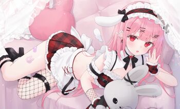 1girl amatsuka_eru animal_ear_hairband animal_ears apron arm_cuffs belt black_belt black_bow black_bowtie black_shoes bow bowtie brooch couch crop_top fake_animal_ears frilled_hairband frilled_skirt frills hairband heart heart_brooch highres indie_virtual_youtuber jewelry long_hair looking_at_viewer lying midriff miniskirt on_couch on_side pillow pink_hair platform_shoes rabbit_ear_hairband rabbit_ears red_eyes red_skirt shano_hiyori shoes skirt solo stuffed_animal stuffed_rabbit stuffed_toy virtual_youtuber waist_apron white_hairband