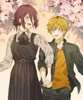 1boy 1girl belt black_jacket black_pants chainsaw_man denji_(chainsaw_man) gakuran hair_bun highres holding_hands jacket japanese_clothes nirrrr100 pants reze_(chainsaw_man) school_uniform single_hair_bun