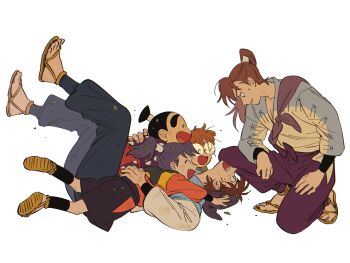 5boys :d age_difference black_hair brown_hair doi_hansuke eye_contact from_side fukutomi_shinbei glasses hand_on_another&#039;s_back hands_on_own_thighs happy highres humoto_00 inadera_rantarou long_sleeves looking_at_another lying male_focus multiple_boys on_back on_one_knee open_mouth pants ponytail profile purple_hair rakudai_ninja_rantarou roundel sandals sanpaku settsuno_kirimaru shirt smile thick_eyebrows yamada_rikichi